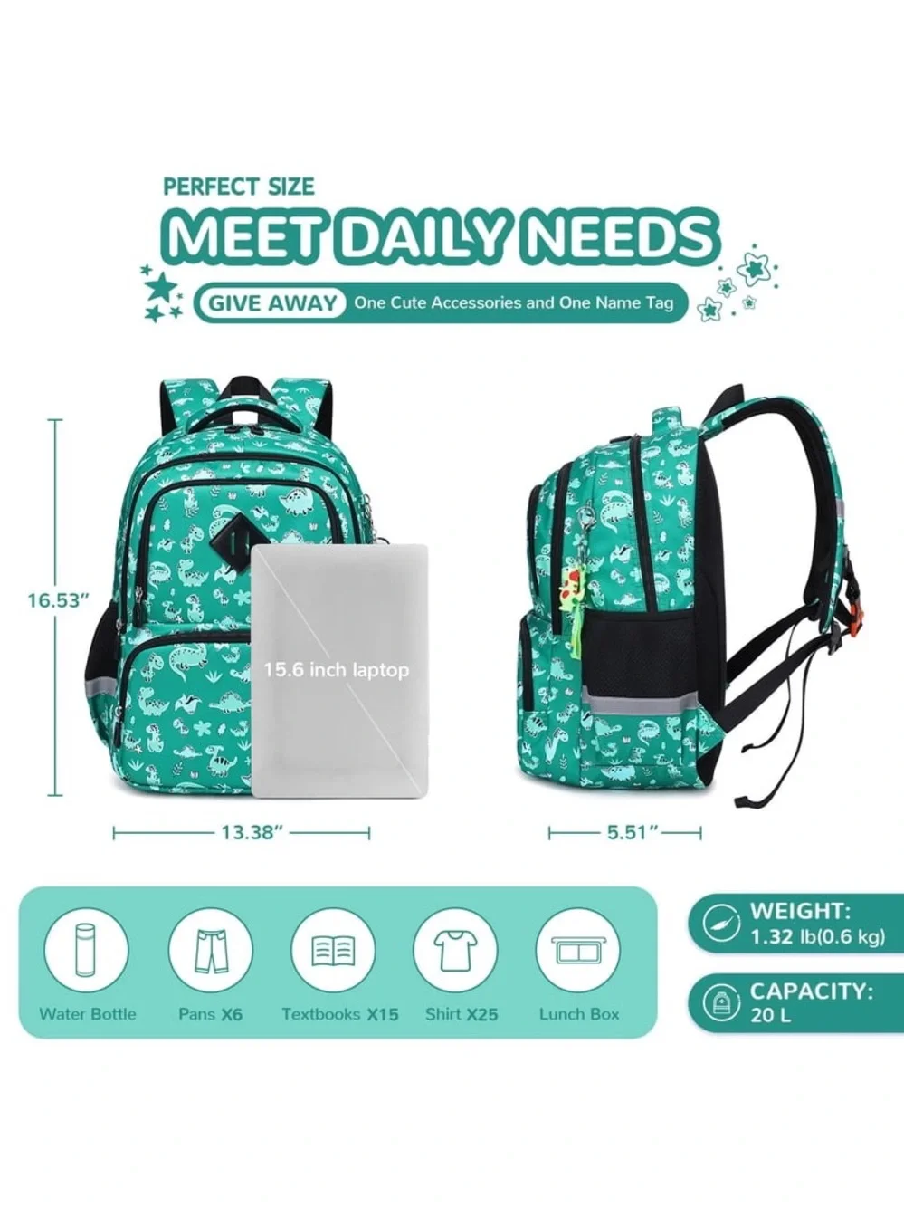 Kids Dinosaur Print Backpack in Teal - Lightweight School Bag FB1